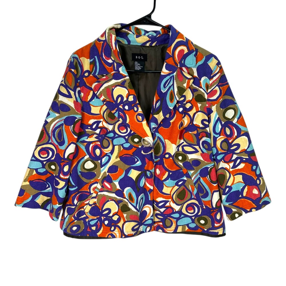 RQT Womens Abstract Print Linen Blend Blazer‎ Jacket Multicolor Size Large